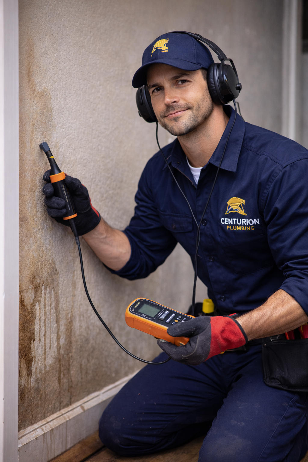 Centurion plumber carrying out leak detection on an interior wall